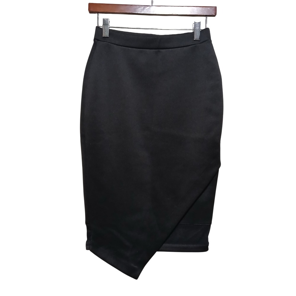 Bisou Bisou Black Asymmetrical Midi Skirt Womens‎ XS Stretch Mesh Detail